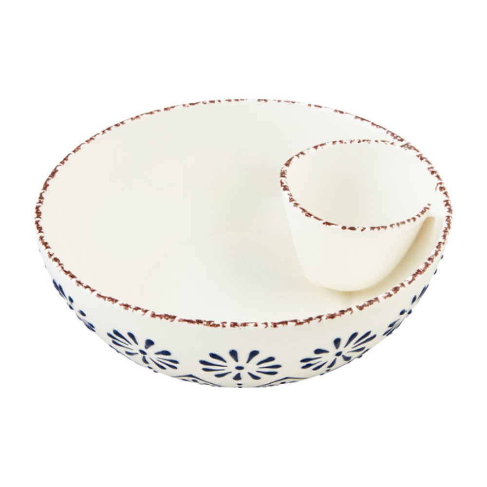 Mud Pie Hand - Painted Blue Pattern Stoneware Chip & Dip Server