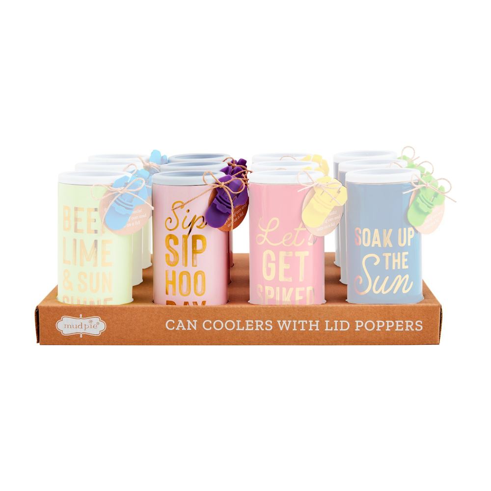 Mud Pie Colorful Metal Can Cooler with Plastic Tab Popper Sets