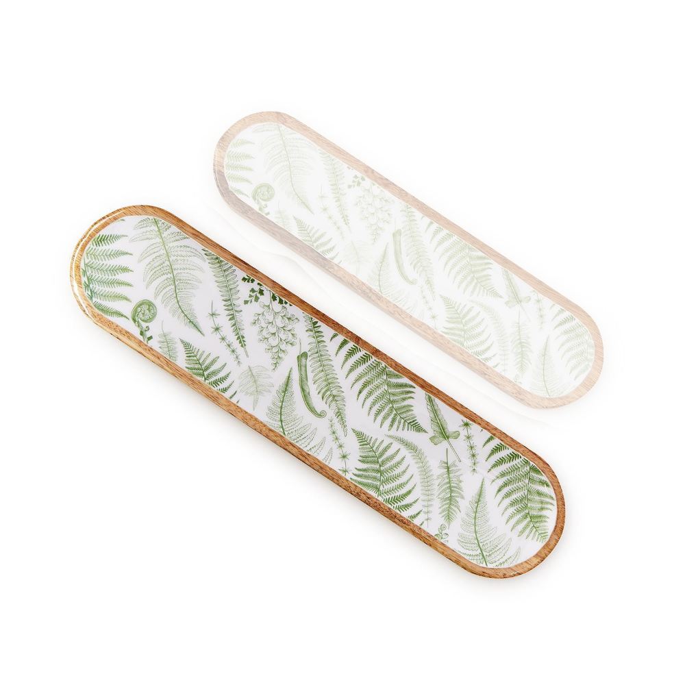 Two's Company Exquisite Hand-Crafted Mango Wood Serving Trays with Fanciful Fern Design