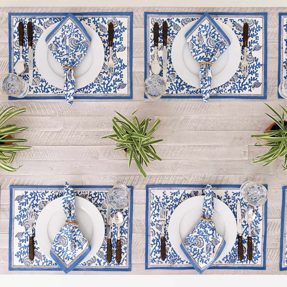 Exquisite Hand - printed Pomegranate Coral and Shell Blue Cotton Placemat