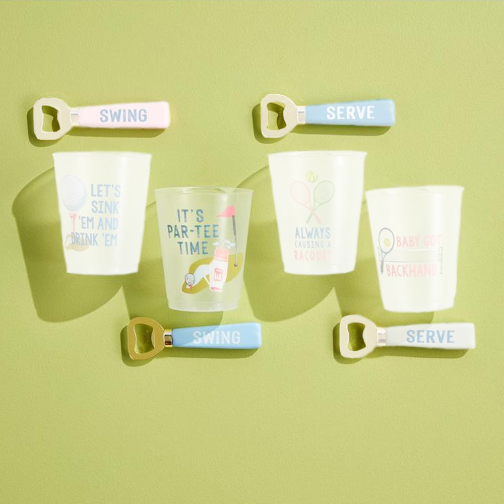 Mud Pie Frosted Plastic Flex Party Cup & Wood-Brass Bottle Opener Sets for Tennis & Golf Parties