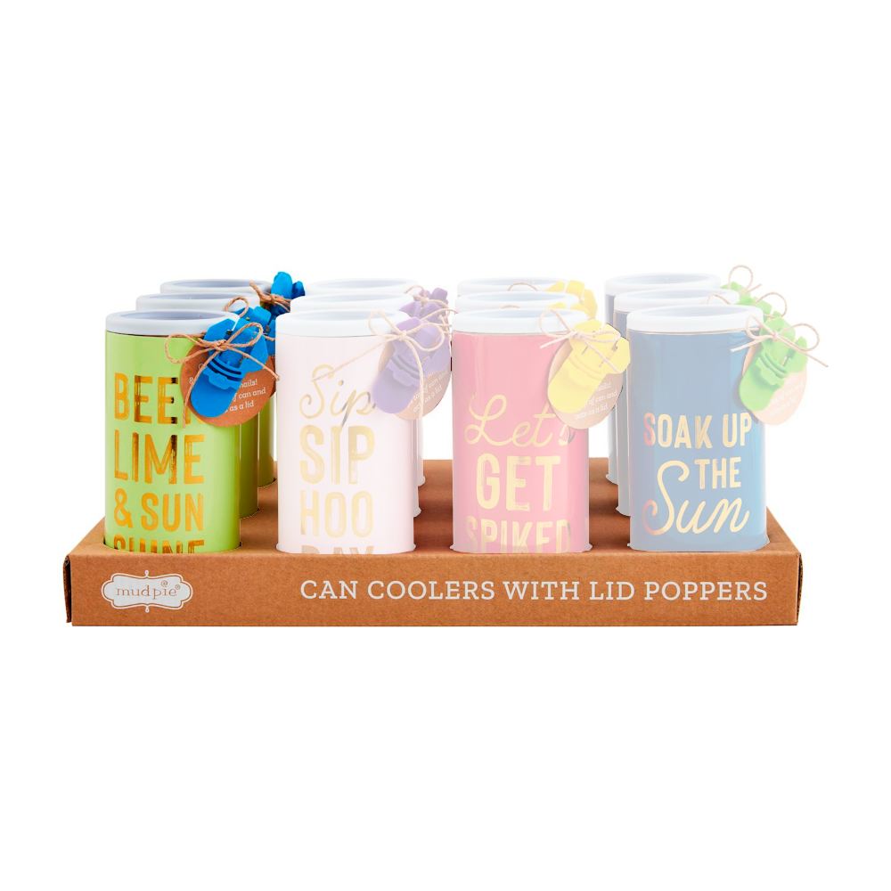 Mud Pie Colorful Metal Can Cooler with Plastic Tab Popper Sets