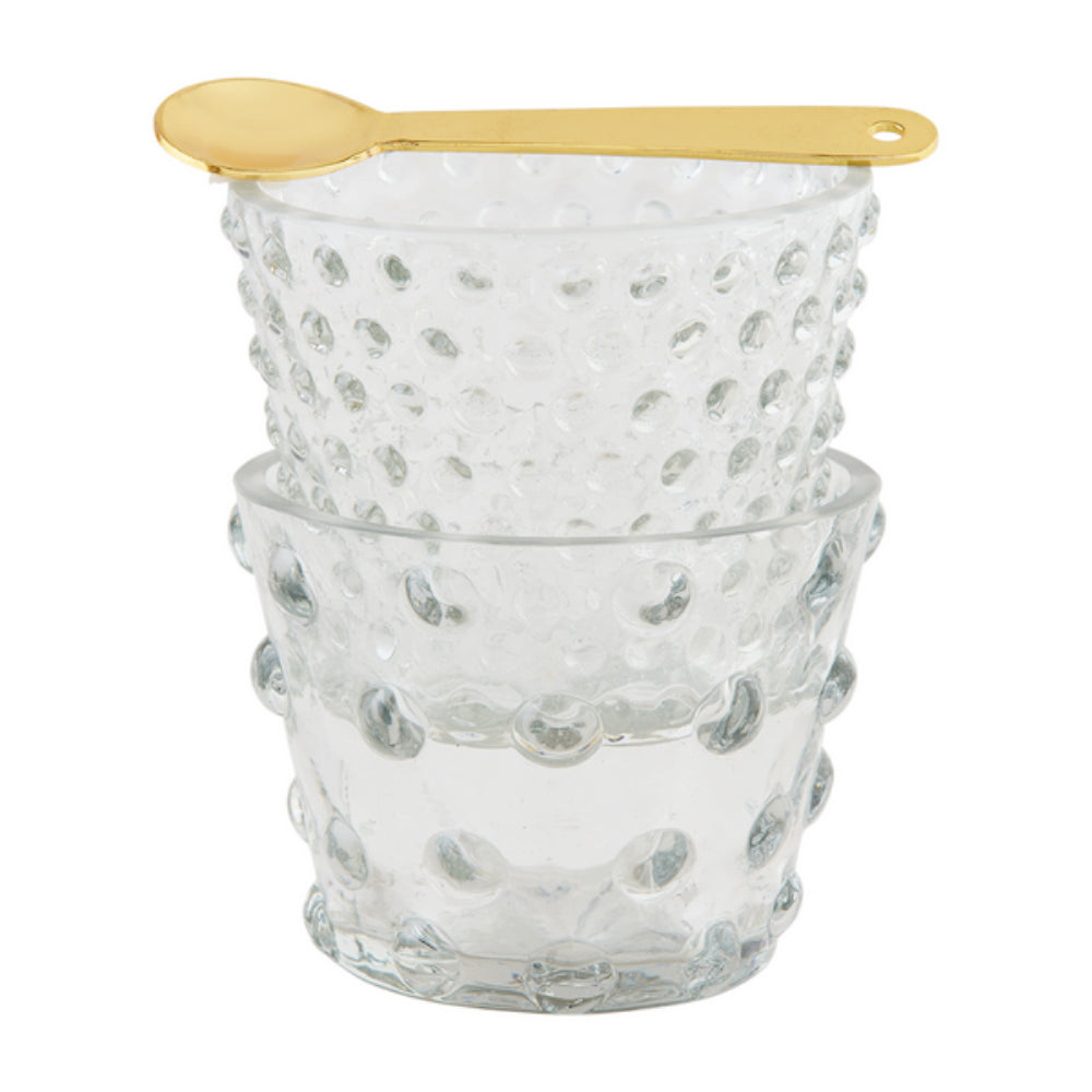 Mud Pie Glass Hobnail Stacked Tidbit Serving Set with Brass Plate Spoon