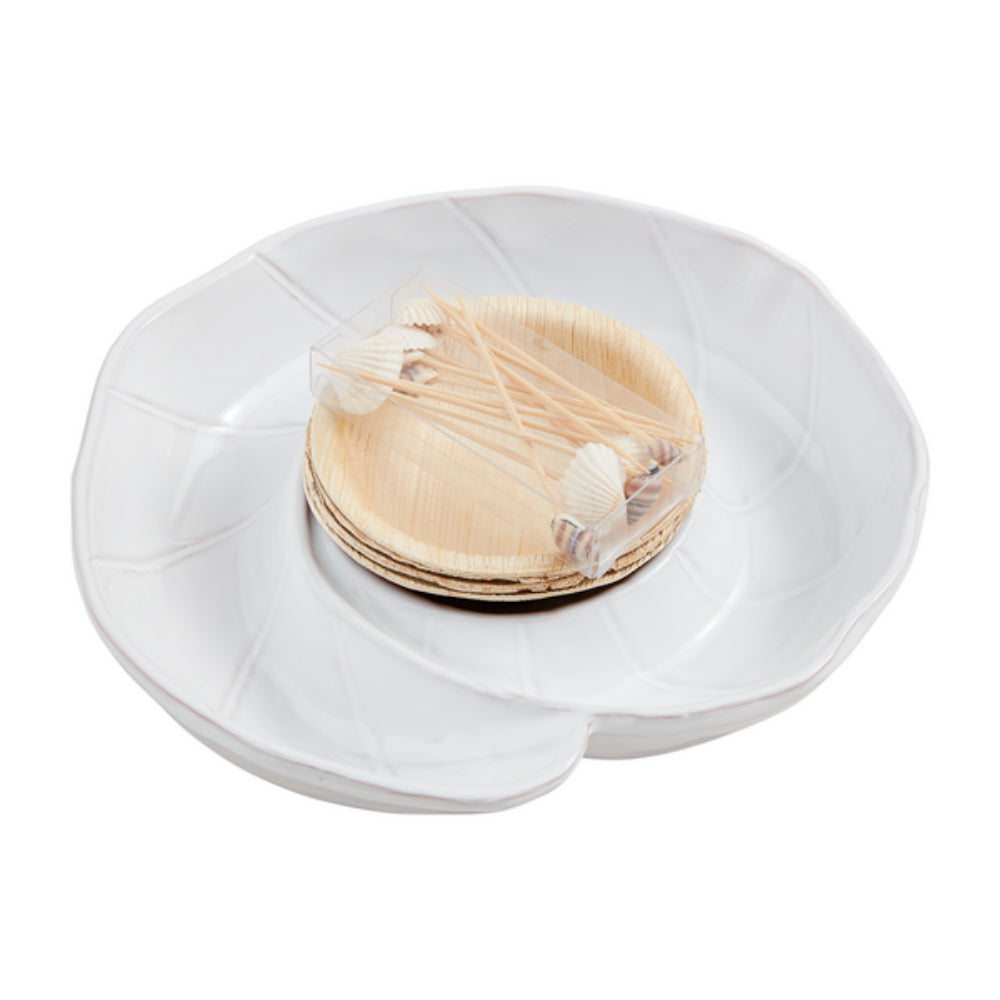 Mud Pie Milk Glazed Terracotta Shell Server with Bamboo Wood Bowls & Toothpicks Set