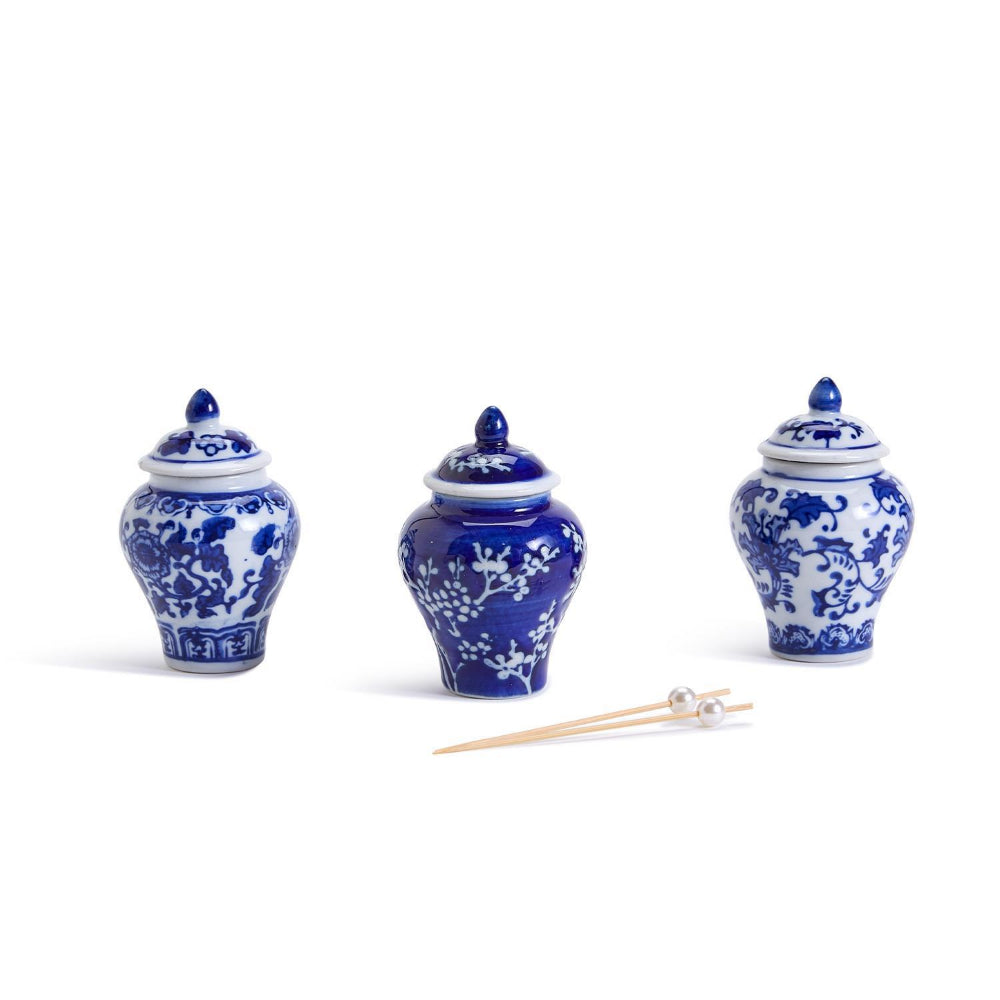Two's Company Mini Decorative Ginger Jar Set with Bamboo Picks in Assorted 3 Traditional Floral Patterns