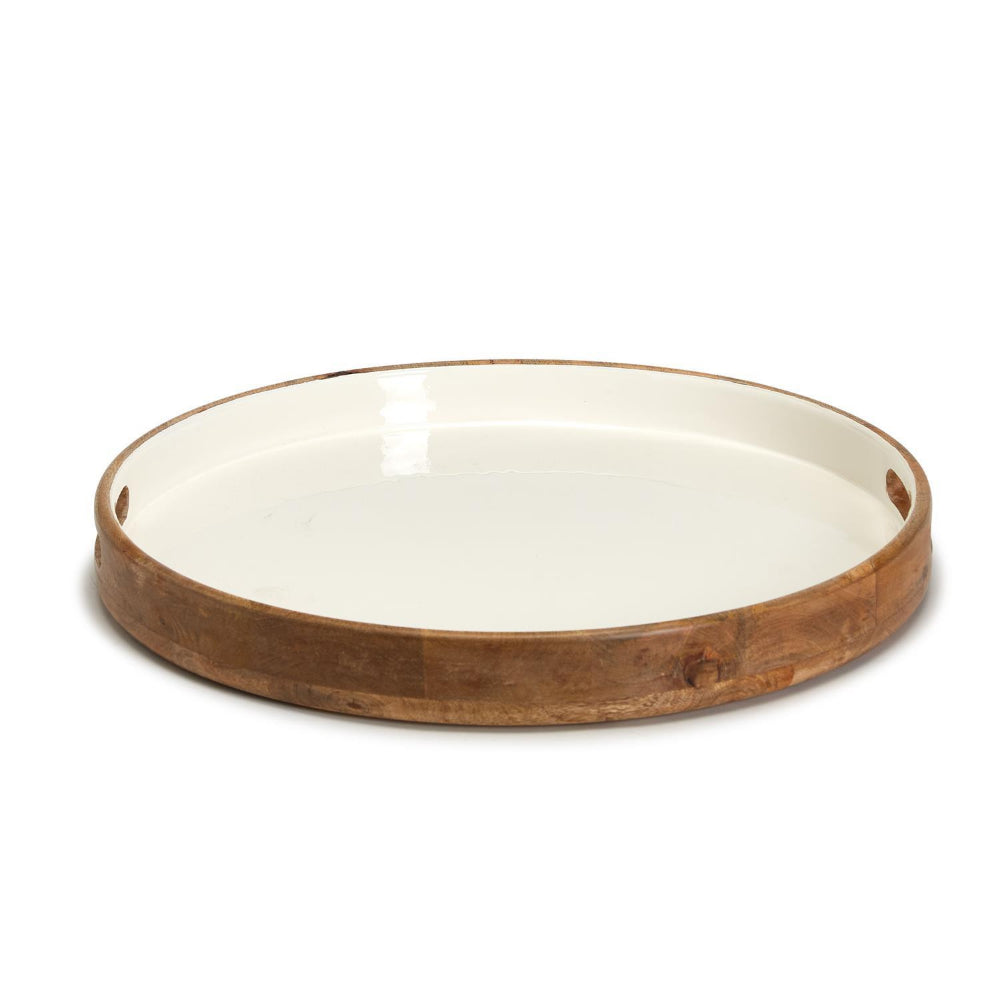 Large Handmade Round Mango Wood Serving Tray with Smooth White Enamel Interior by Two's Company