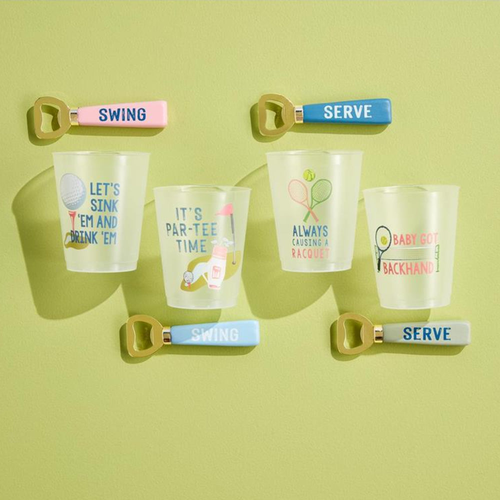 Mud Pie Frosted Plastic Flex Party Cup & Wood-Brass Bottle Opener Sets for Tennis & Golf Parties