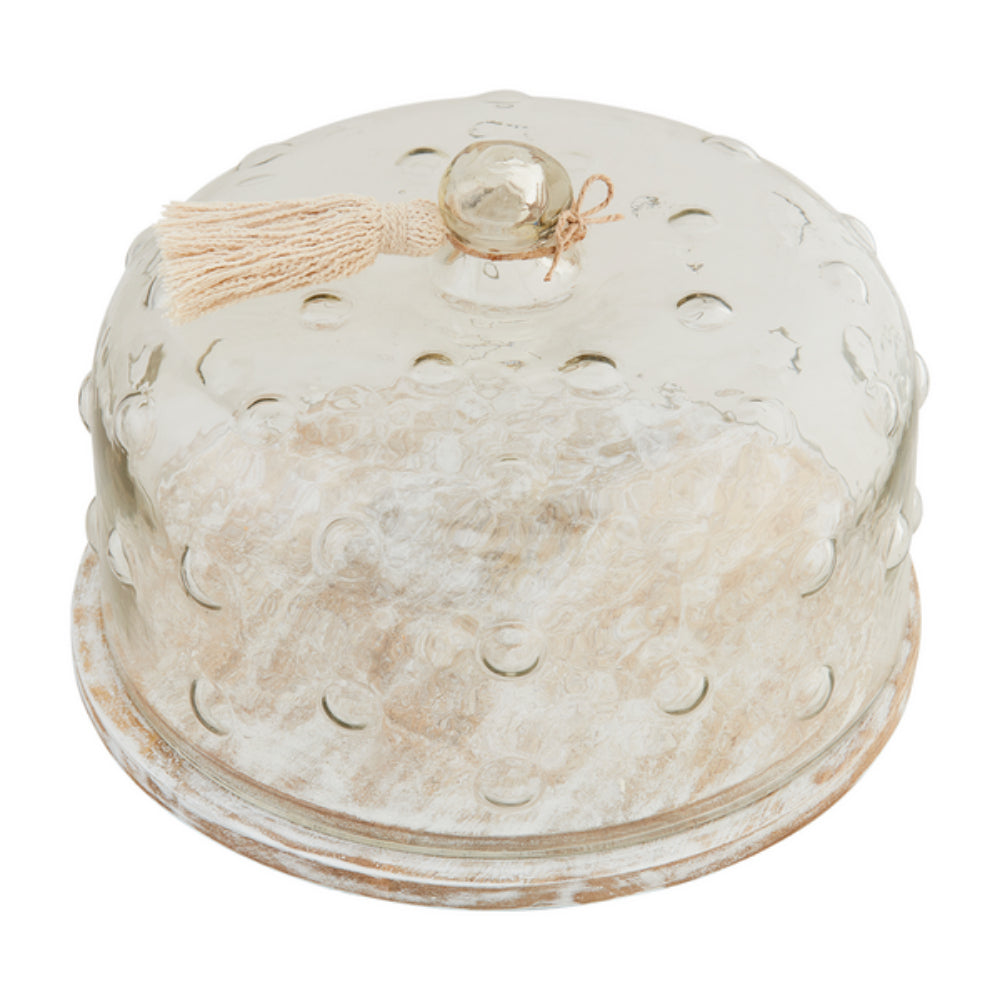 Elegant Mud Pie Hobnail Patterned Glass Cake Dome with Mango Wood Base