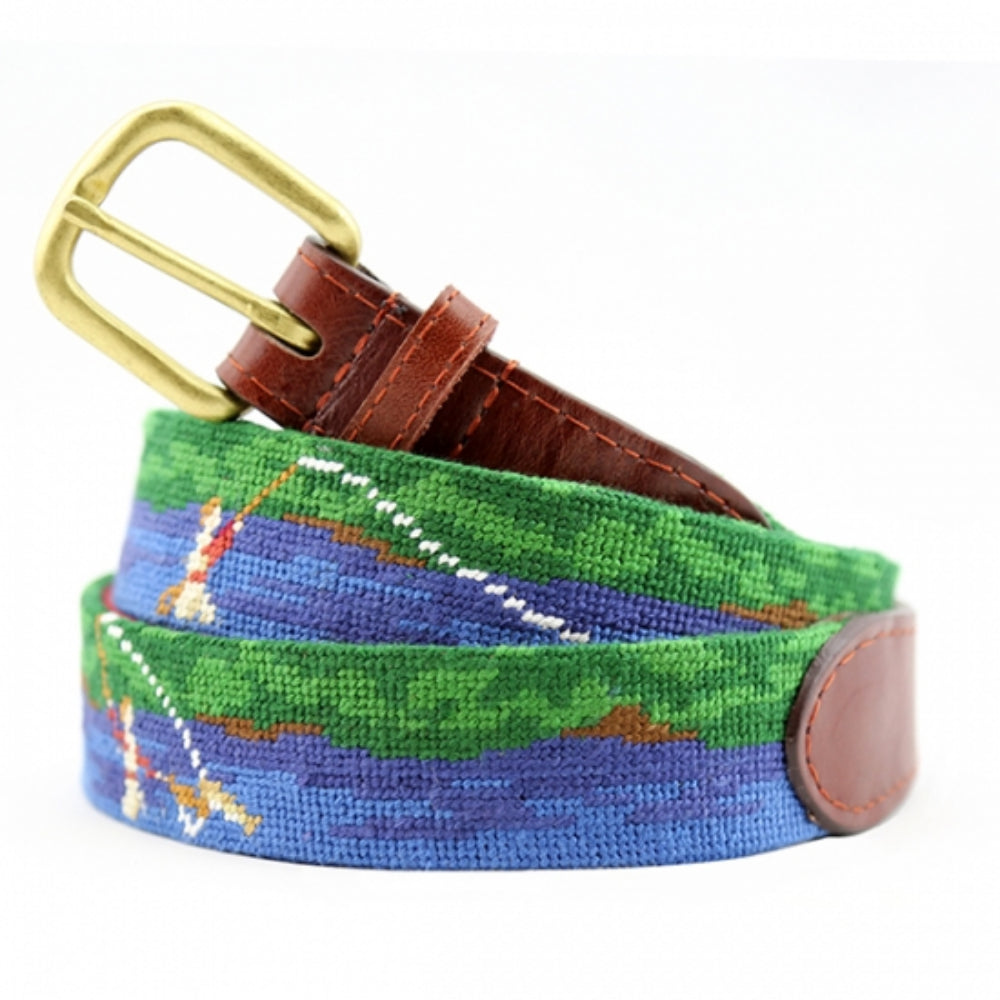 Smathers & Branson Hand - stitched Fly Fishing Pattern Needlepoint Leather Belt