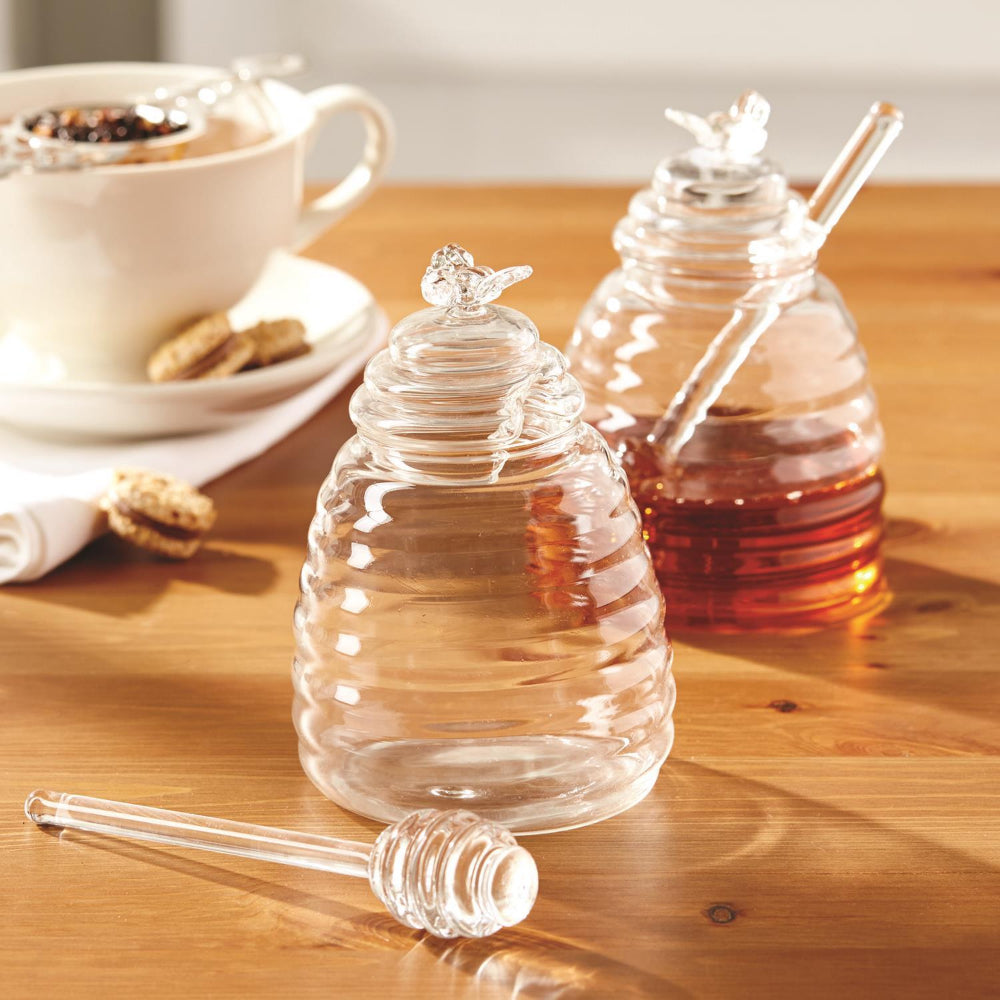 Two's Company Decorative Handblown Glass Honey Pot with Lid and Dipping Stick for Tabletop Display