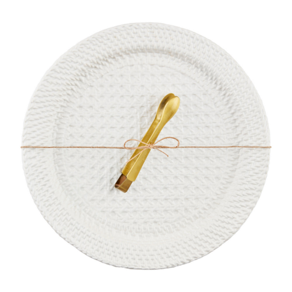 Mud Pie Elegant Woven Stoneware 2-Piece Round Platter Set with Brass Tongs