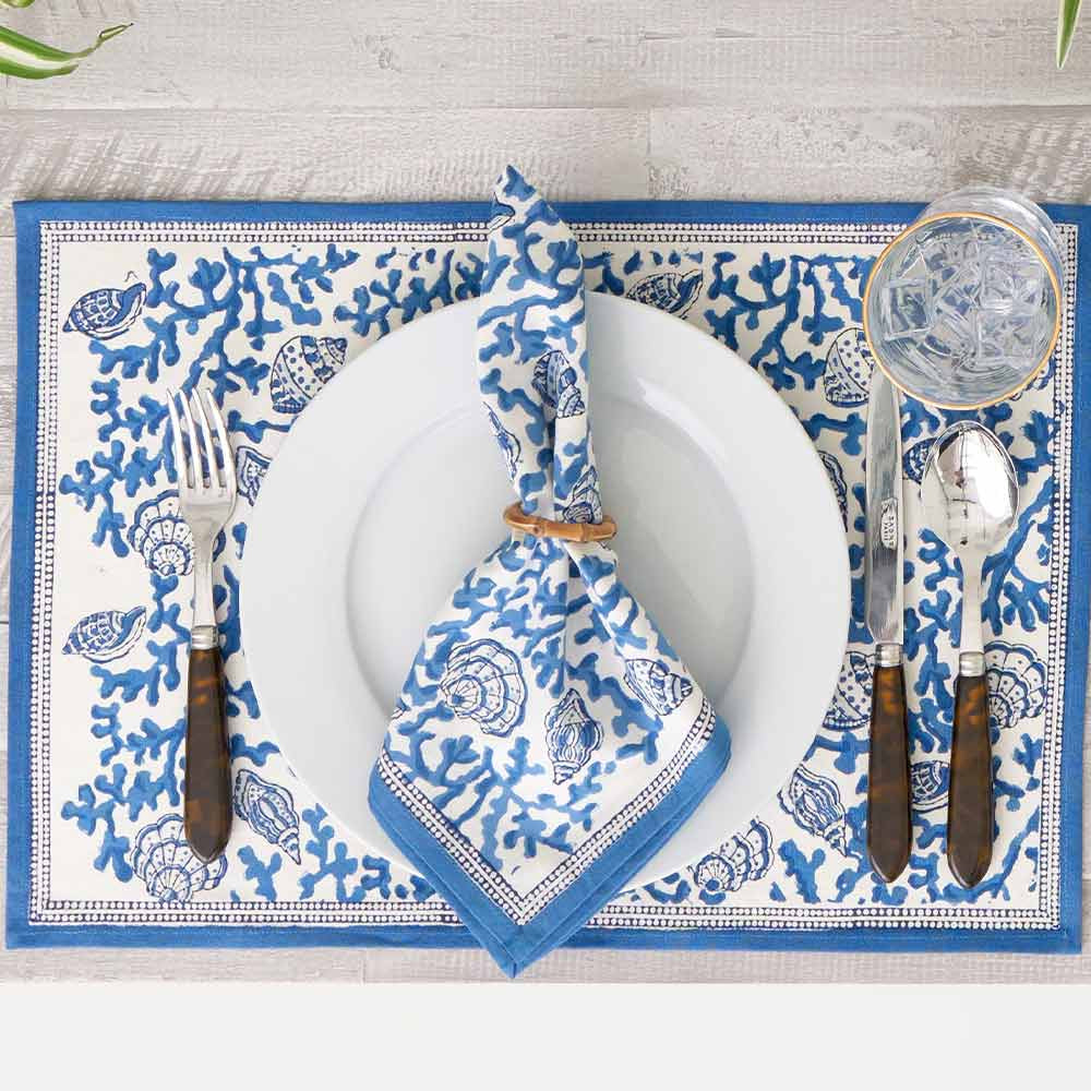Exquisite Hand - printed Pomegranate Coral and Shell Blue Cotton Placemat