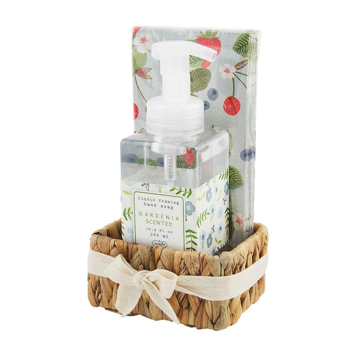 Mud Pie Gardenia - Scented Soap & 12 - Piece Guest Towel Set in Water Hyacinth Basket