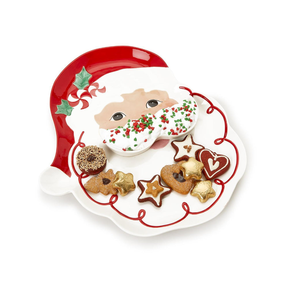 Two's Company Christmas Santa-themed Serving Platter with a Detachable Mustache-shaped Dipping Bowl