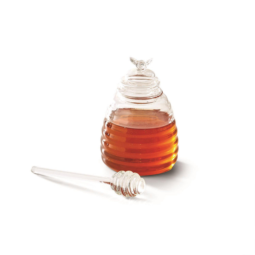 Two's Company Decorative Handblown Glass Honey Pot with Lid and Dipping Stick for Tabletop Display