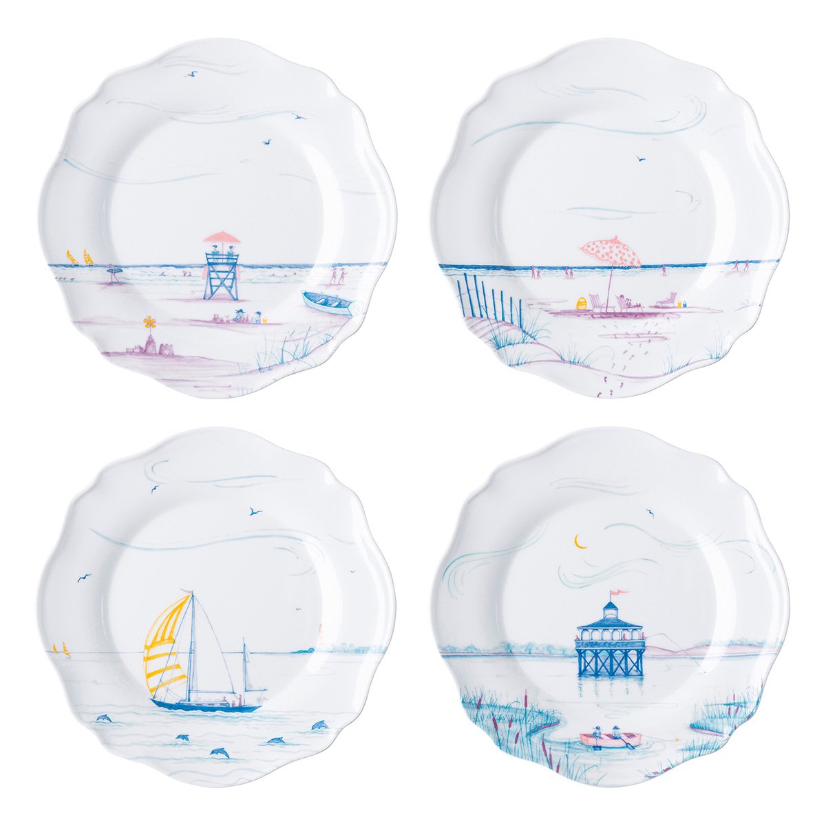 Juliska Country Estate Seaside Collection Melamine Dessert and Salad Plate Set - Four Piece Set with Distinct Styles