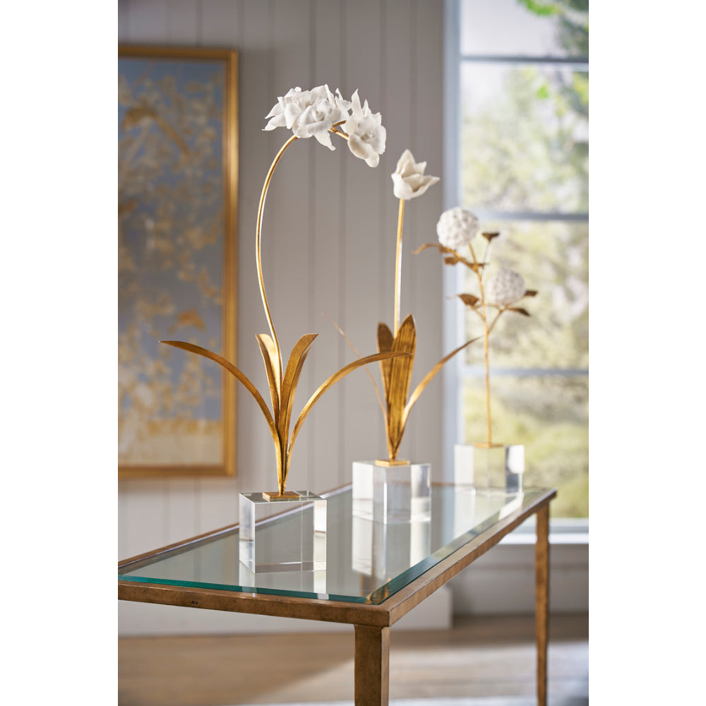 Antique Gold Leaf Iron Stand with Hand - crafted Matte White Porcelain Tulip