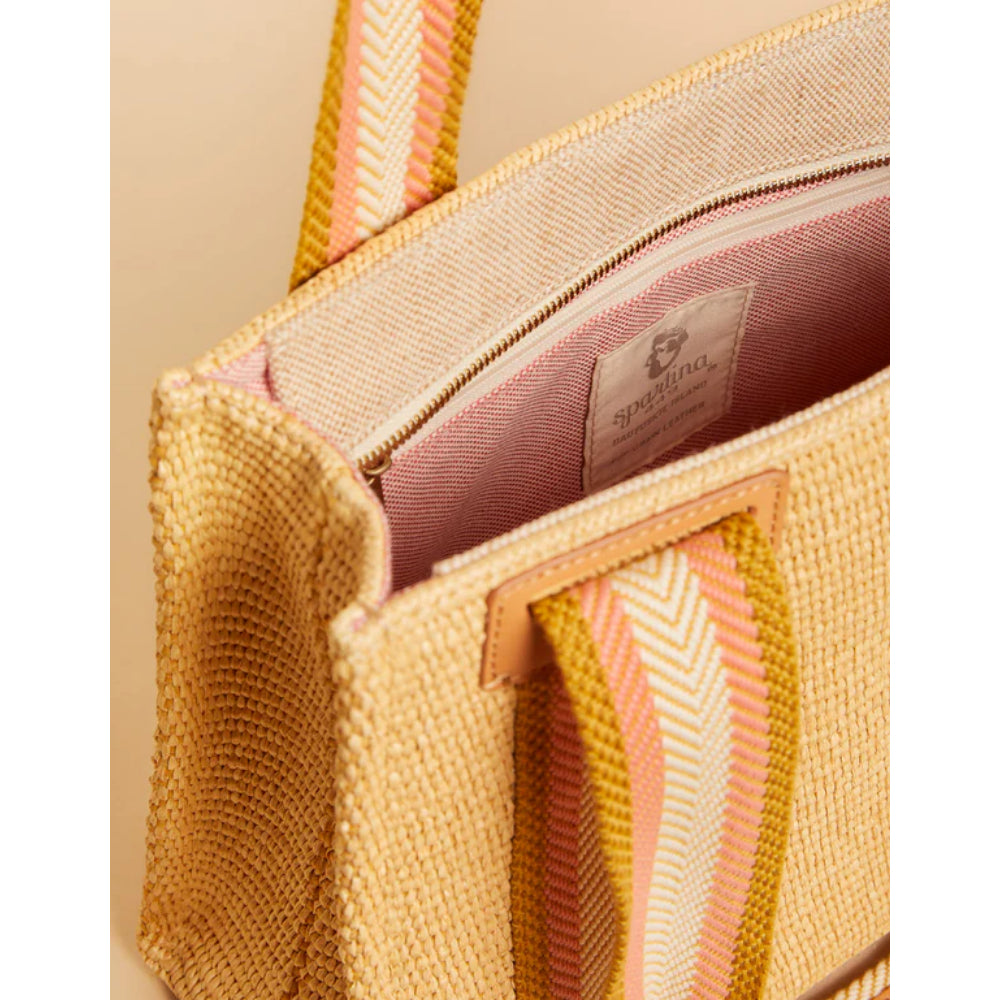 Spartina's Soft Faux Straw Striped Zip Top Tote with Napa Leather Trim