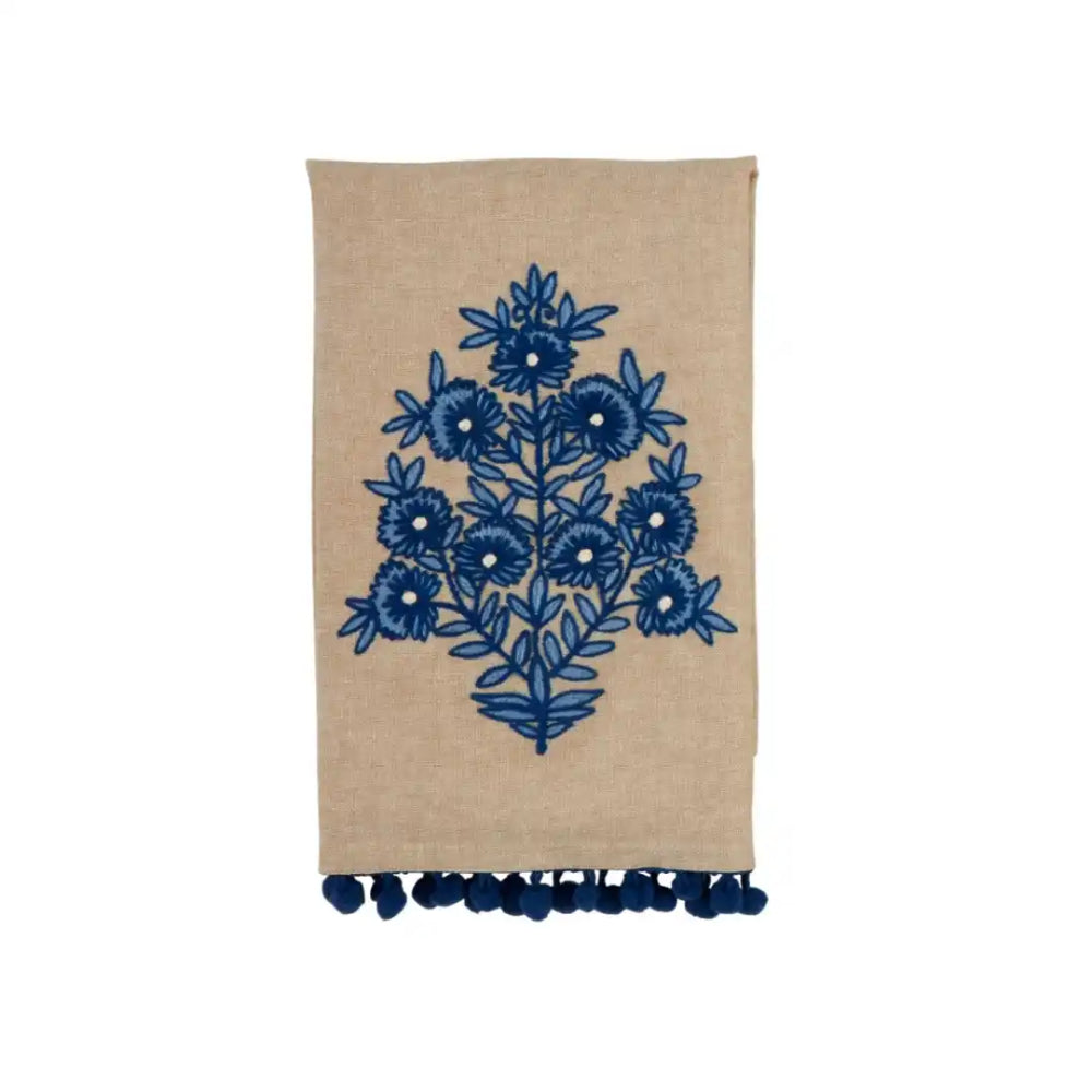 Mud Pie Embroidered Blue Floral Cotton Towel for Home Decor