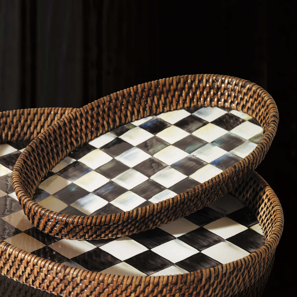 MacKenzie-Childs Small/Large Courtly Check Hand - Painted Rattan & Enamel Serving Tray