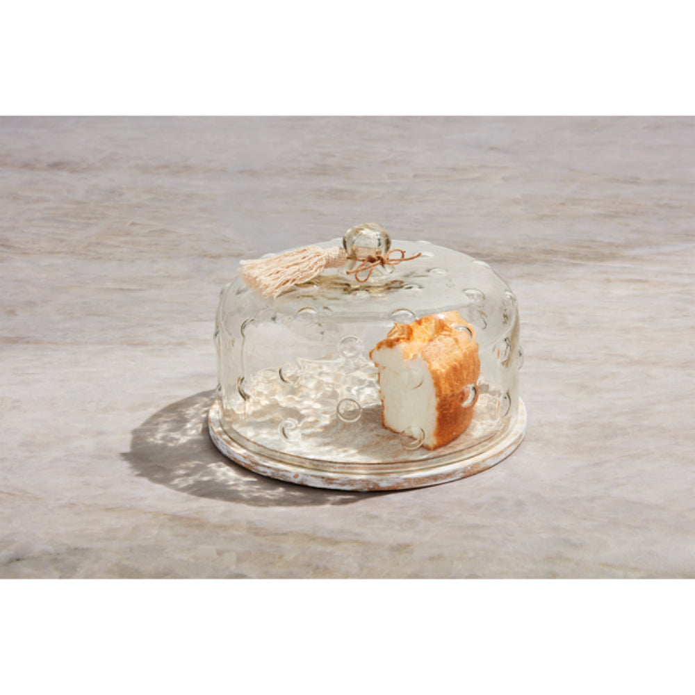 Elegant Mud Pie Hobnail Patterned Glass Cake Dome with Mango Wood Base