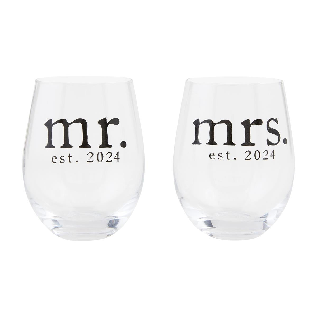 Mud Pie Elegant 16 oz Mr. & Mrs. Est. 2024 Stemless Wine Glass Set