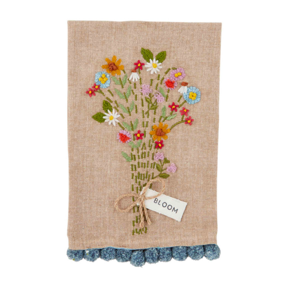 Mud Pie Decorative Bloom Floral Embroidery Pom Design Cotton Hand Towel