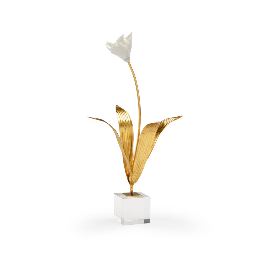 Chelsea House Decorative Small Porcelain Tulip Flower Arrangement on Square Clear Crystal Stand