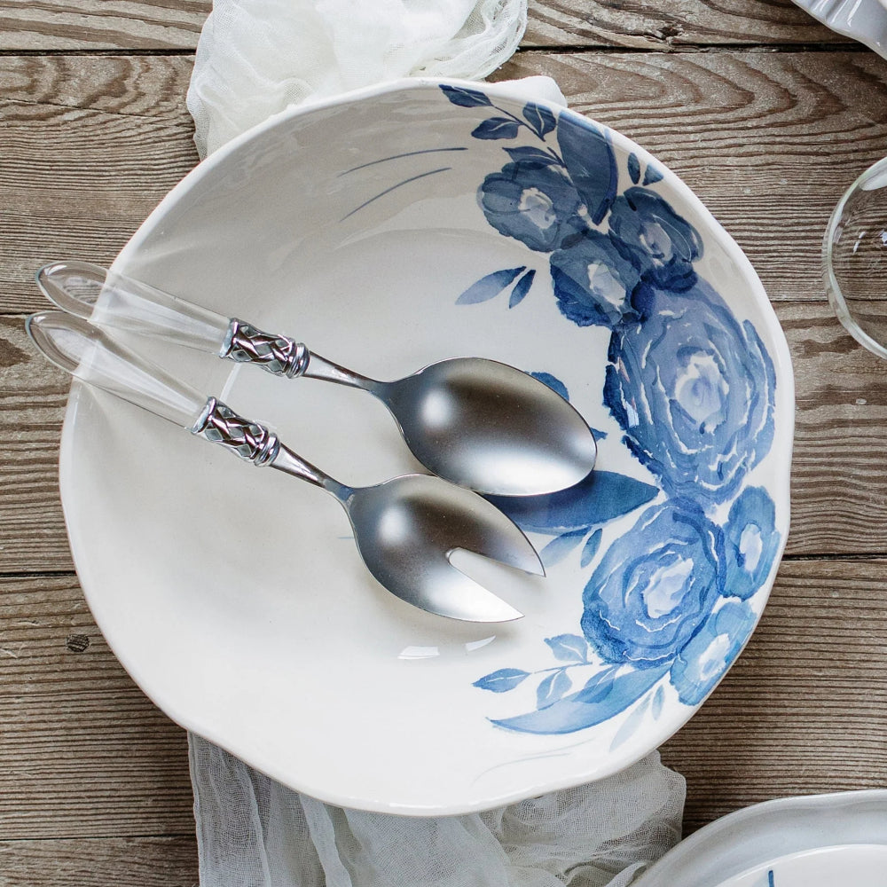 Vietri Hand - painted Rich Blue Camellia Shallow Serving Bowl
