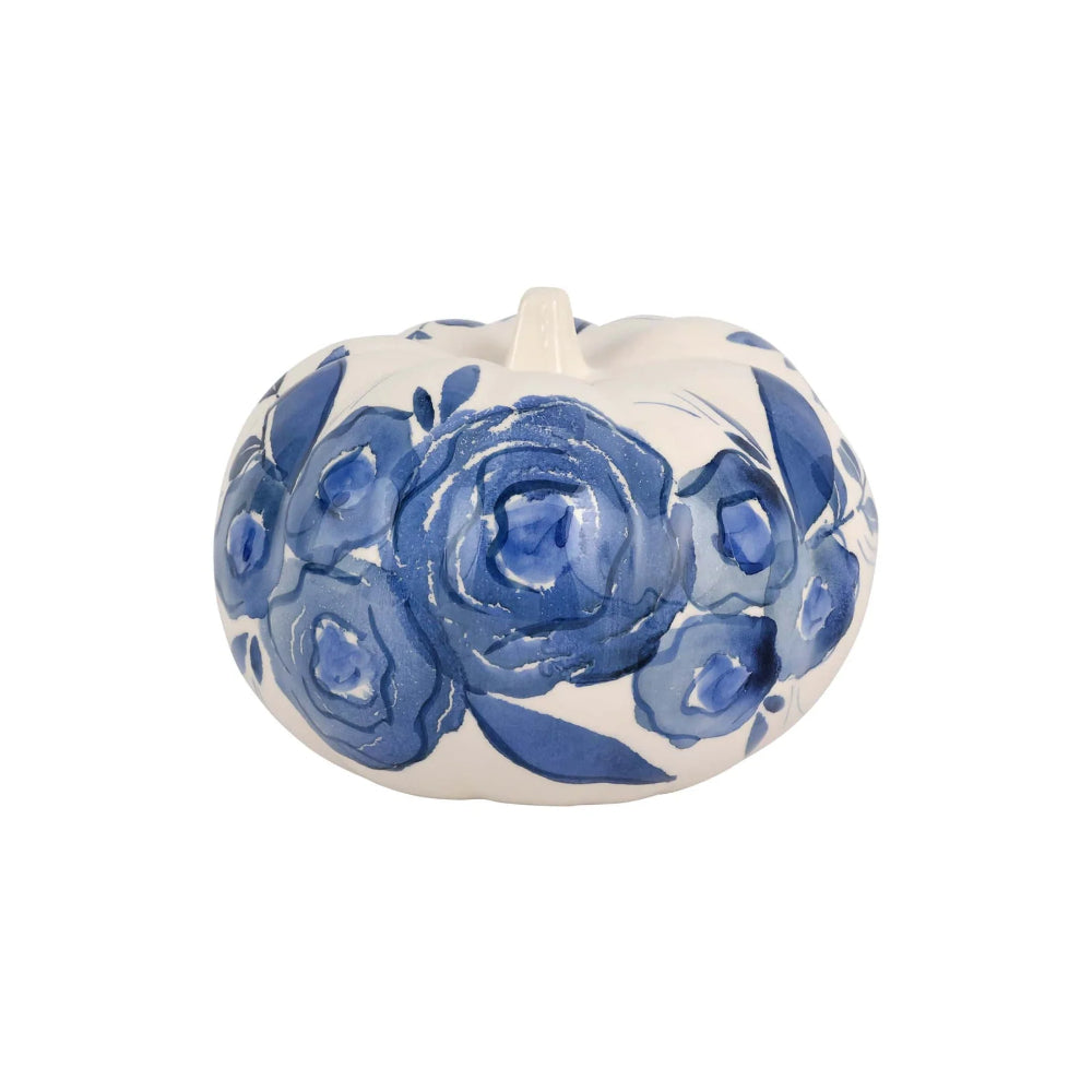 Vietri Hand - painted Blue Camellia - themed Figural Pumpkins for Fall Decor