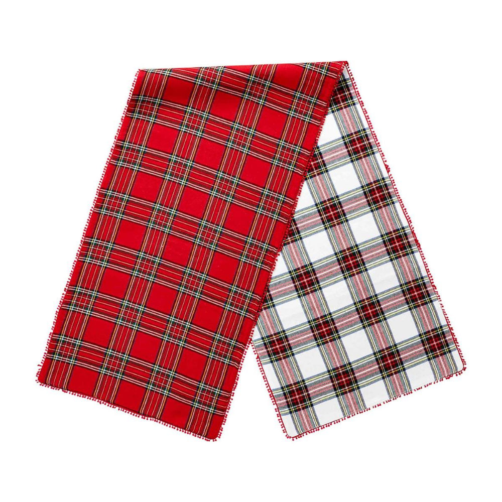 Mud Pie Reversible Tartan Cotton Table Runner with Mini Pom Trim