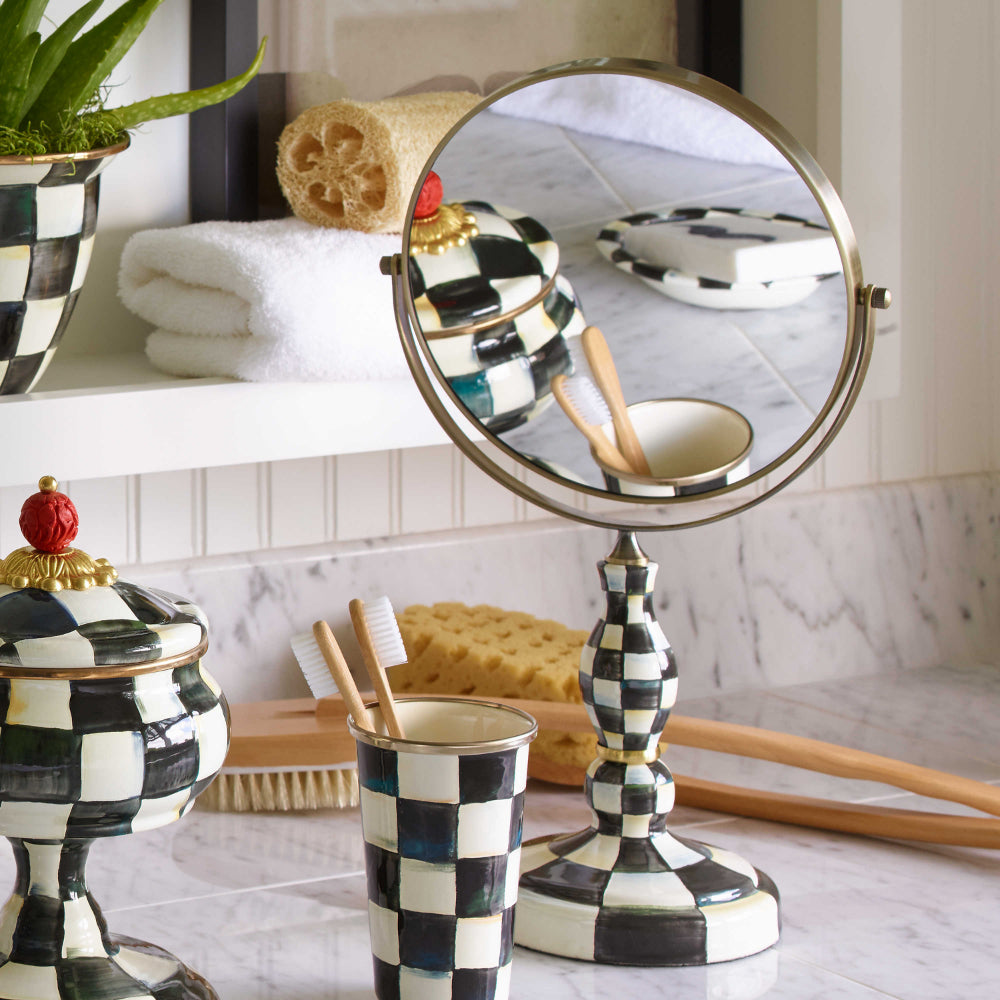 MacKenzie-Childs Exquisite Courtly Check Pattern Enamel Decorative Vanity Mirror for Personal Grooming