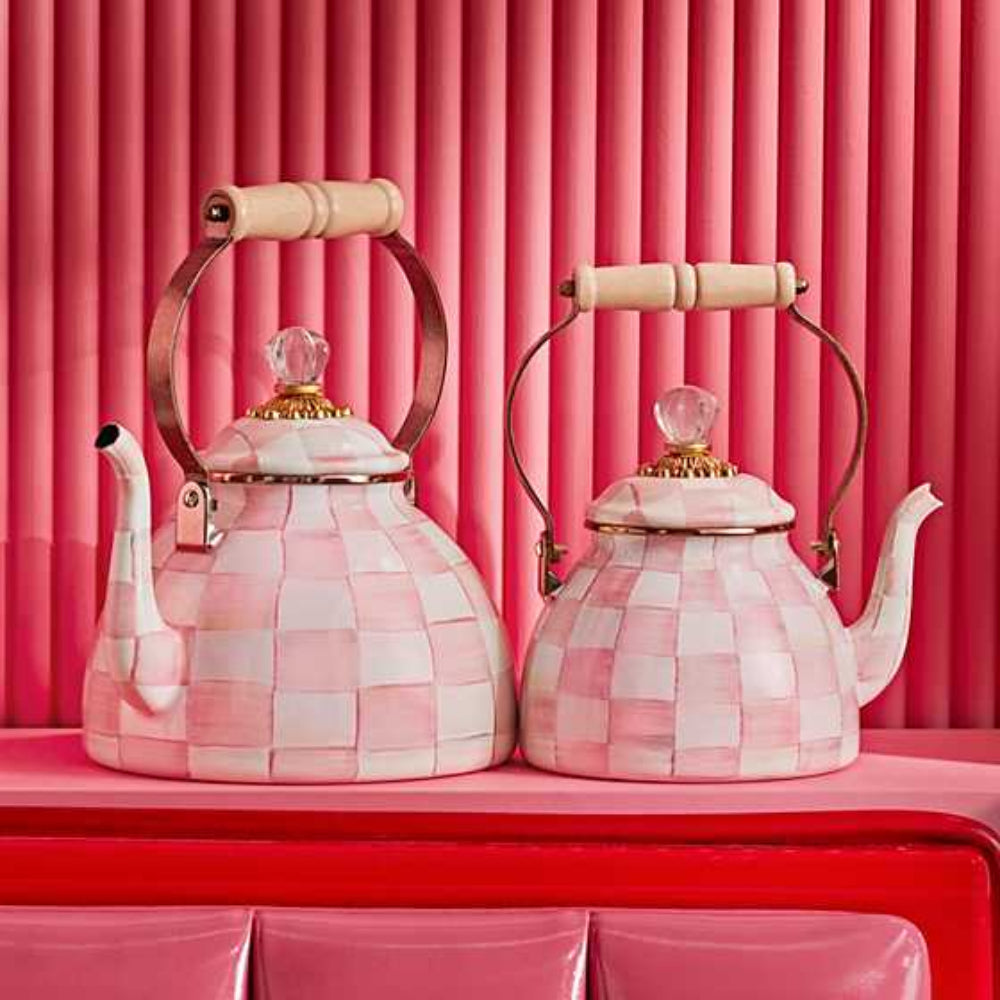 MacKenzie-Childs Hand-Painted Rosy Check Enamel Tea Kettle in Different Sizes