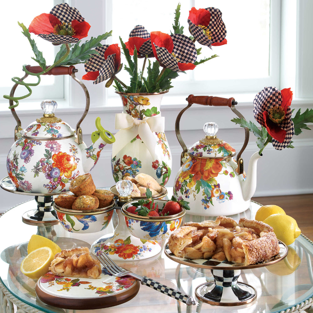 MacKenzie-Childs Exquisite White Flower Market Tea Kettle with Unique Design