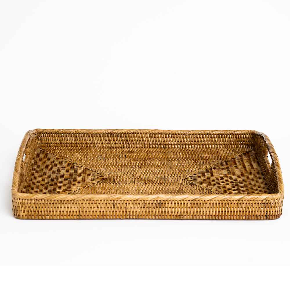 Hand-Woven Rattan Pomegranate Morning Tray with Elegant Curved Handles