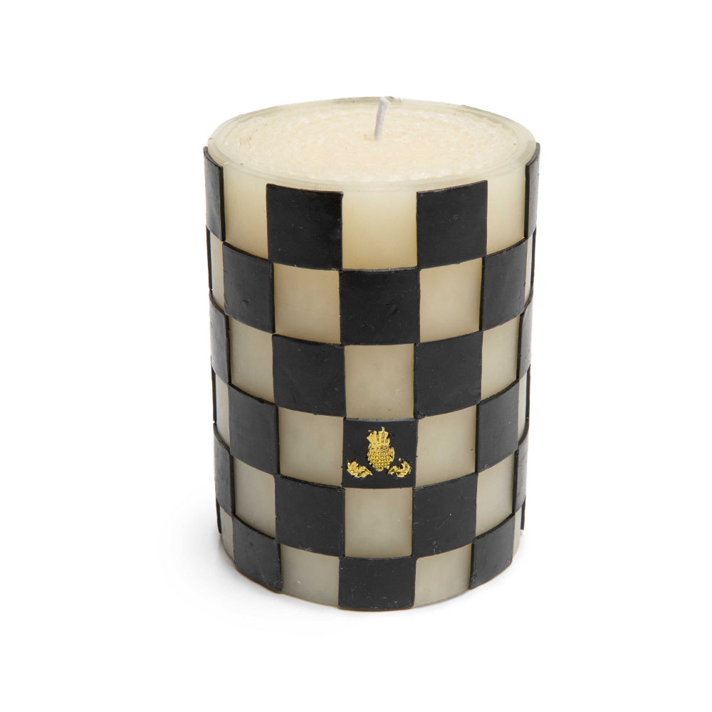 MacKenzie-Childs Elegant Black Checked Pillar Candle for Home Decor
