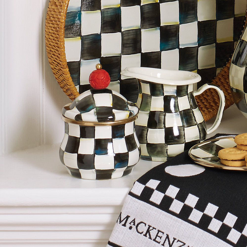 MacKenzie-Childs Exquisite Courtly Check Patterned Enamel Lidded Sugar Bowl for Multiple Uses
