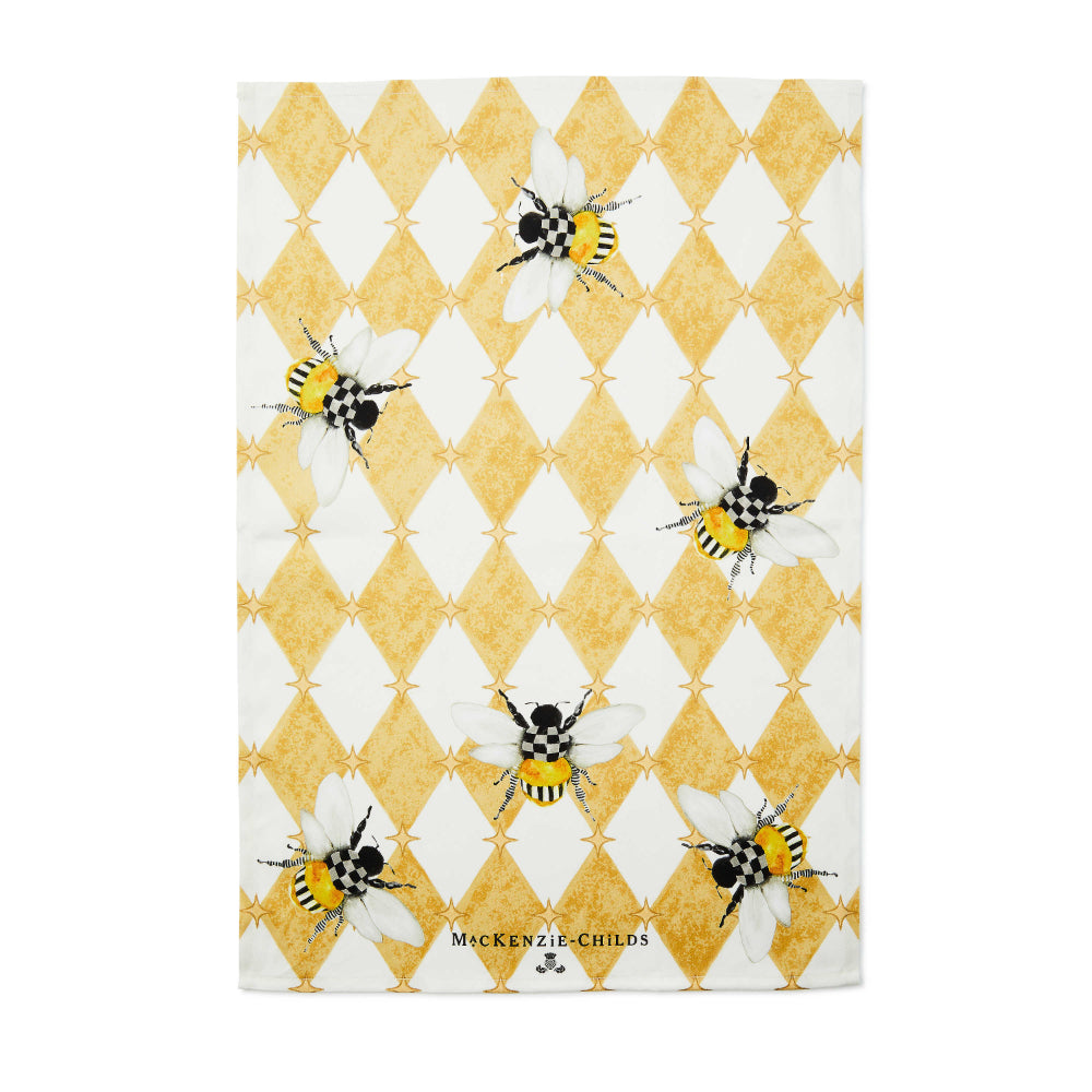 MacKenzie-Childs Decorative Honeycomb Pattern Dish Towel Featuring Bees and Distinctive Logo