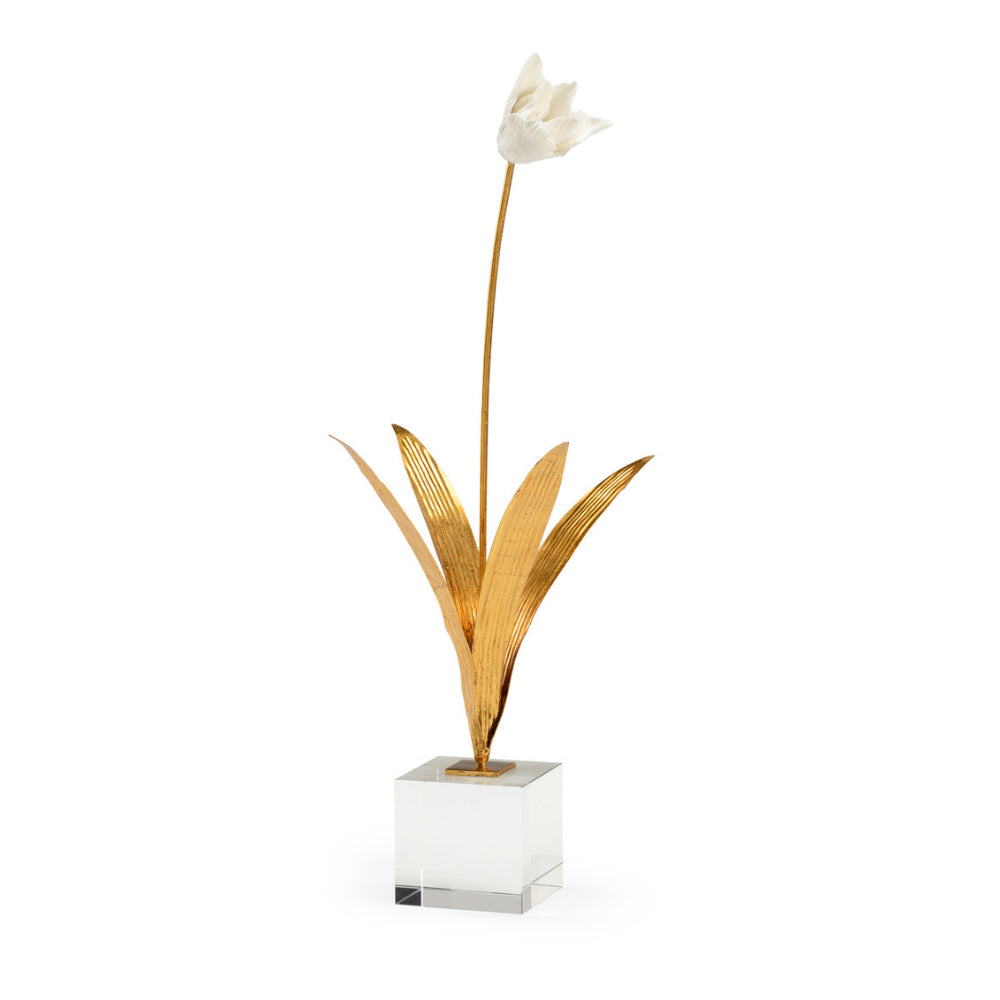 Antique Gold Leaf Iron Stand with Hand - crafted Matte White Porcelain Tulip