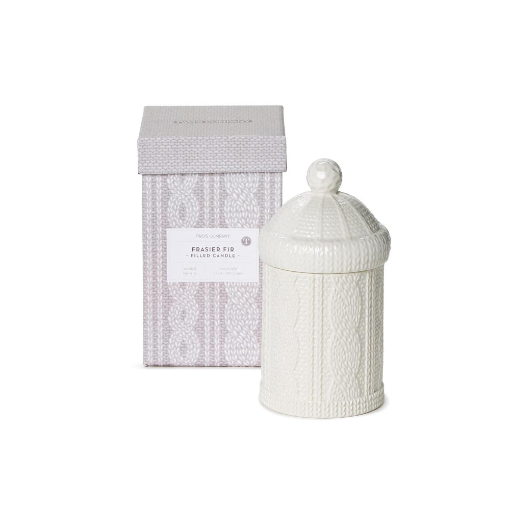 Two's Company Cable Knit Patterned Lidded Filled Scented Candle with Fraser Fir Fragrance in Elegant Gift Box