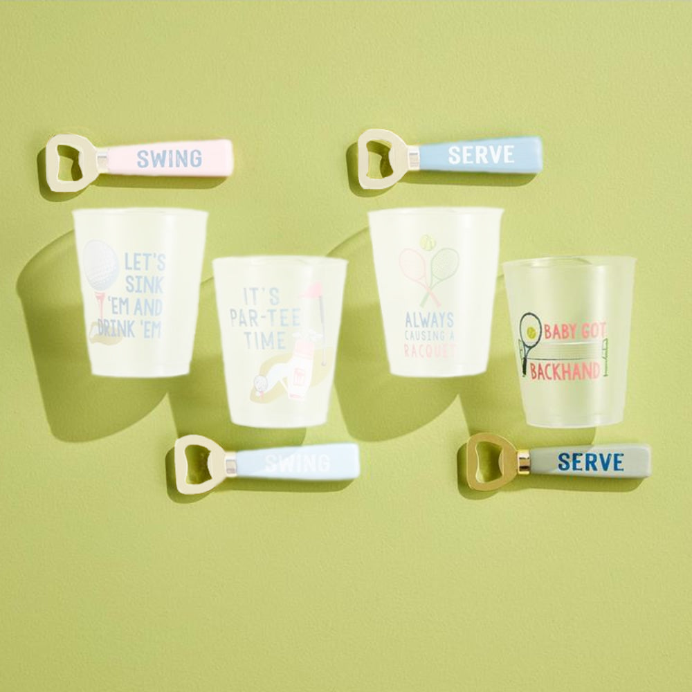 Mud Pie Frosted Plastic Flex Party Cup & Wood-Brass Bottle Opener Sets for Tennis & Golf Parties