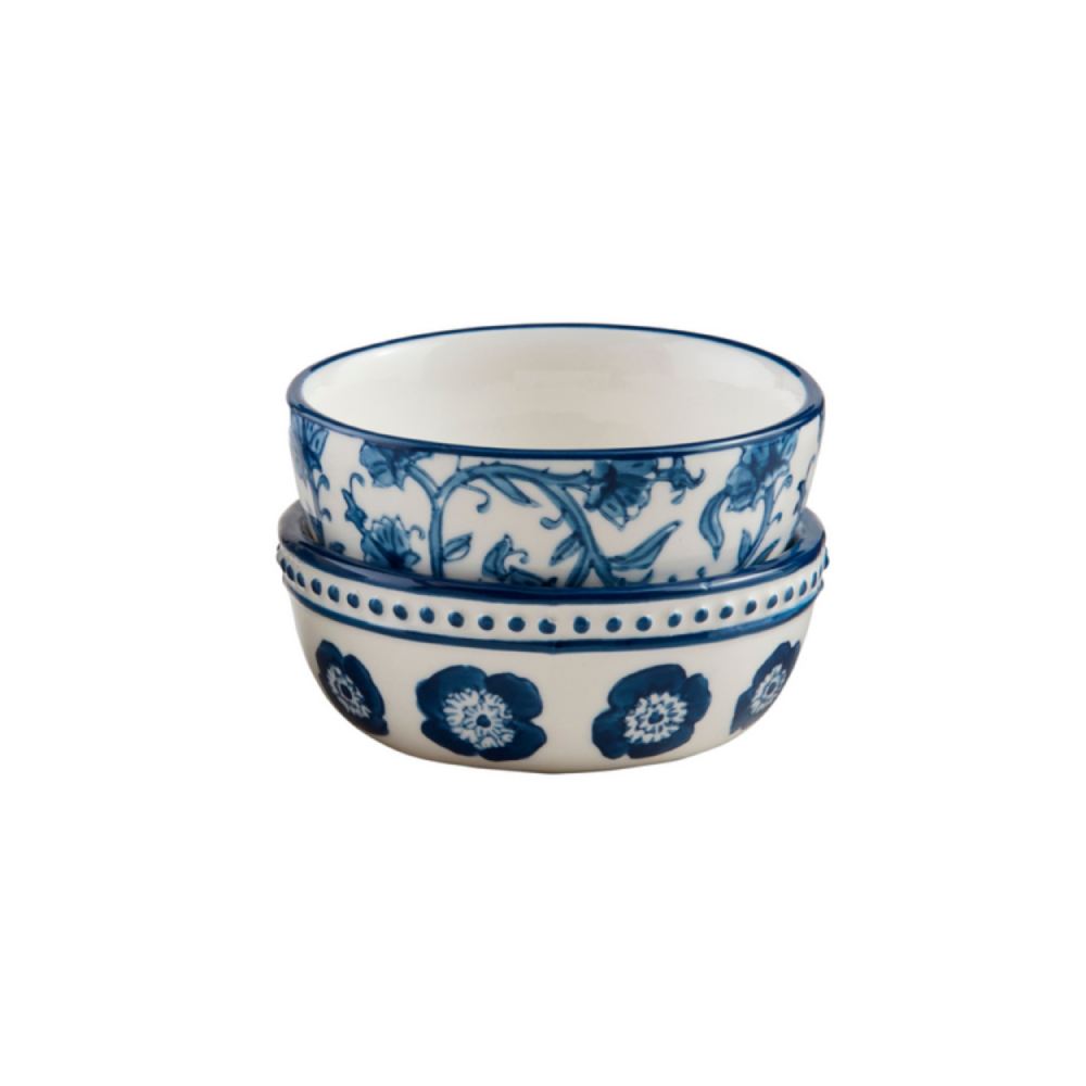 Mud Pie Exquisite Dotted Blue Floral Stoneware Tidbit Bowl Set for Small Snacks