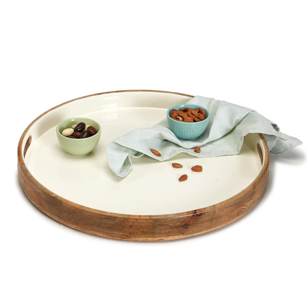 Large Handmade Round Mango Wood Serving Tray with Smooth White Enamel Interior by Two's Company