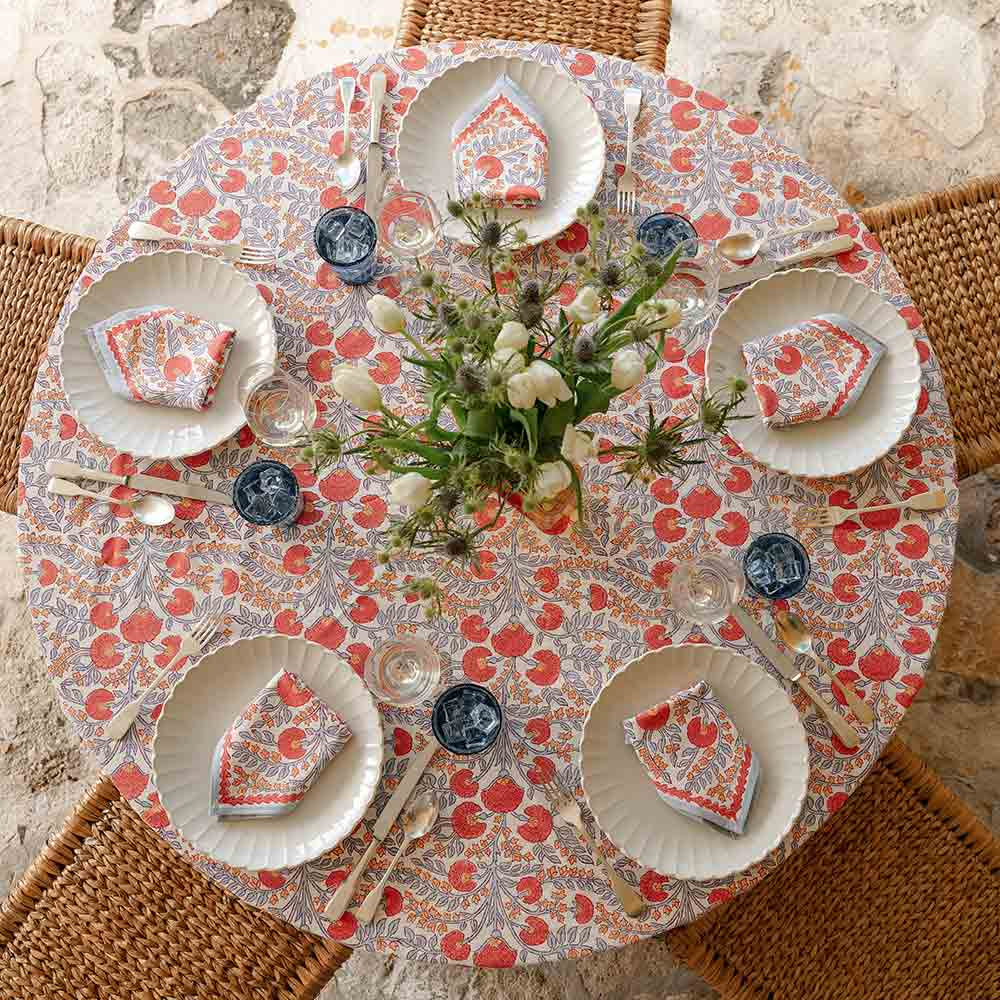 Ivory Pomegranate and Cactus Flower Print Cotton Dinner Napkin