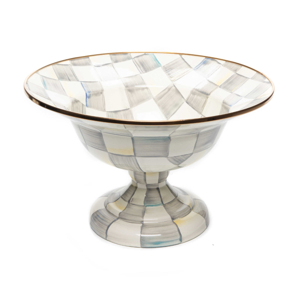 Large MacKenzie-Childs Enamel Compote with Hand-Painted Sterling Checks