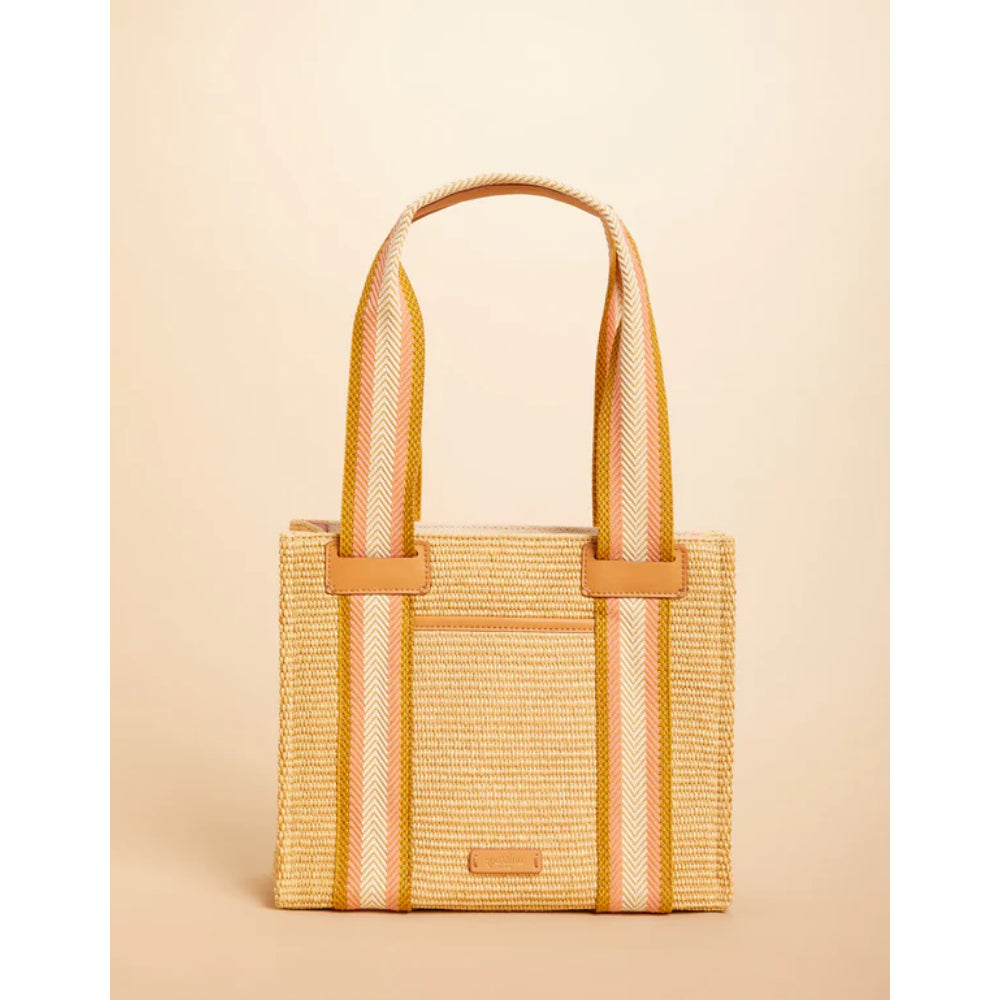 Spartina's Soft Faux Straw Striped Zip Top Tote with Napa Leather Trim