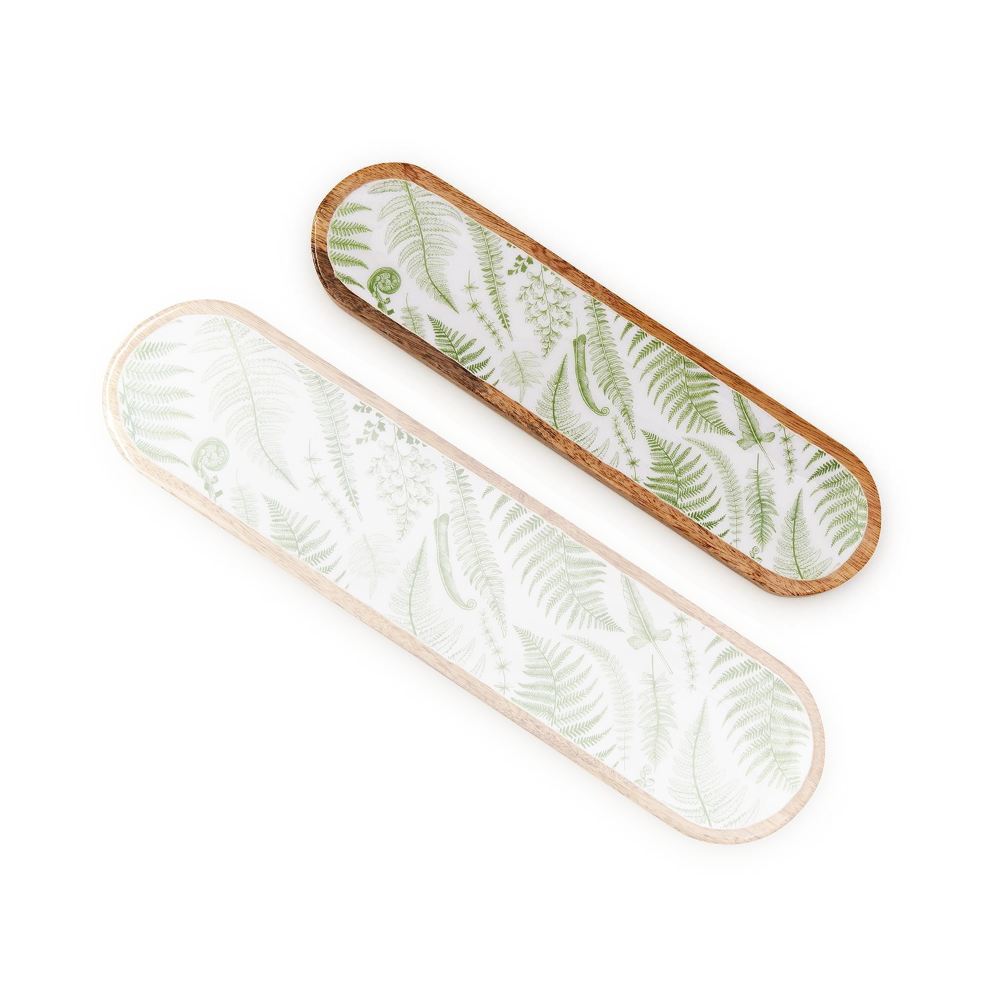 Two's Company Exquisite Hand-Crafted Mango Wood Serving Trays with Fanciful Fern Design