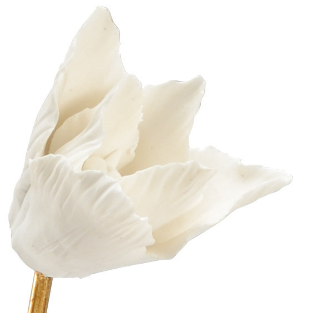 Antique Gold Leaf Iron Stand with Hand - crafted Matte White Porcelain Tulip