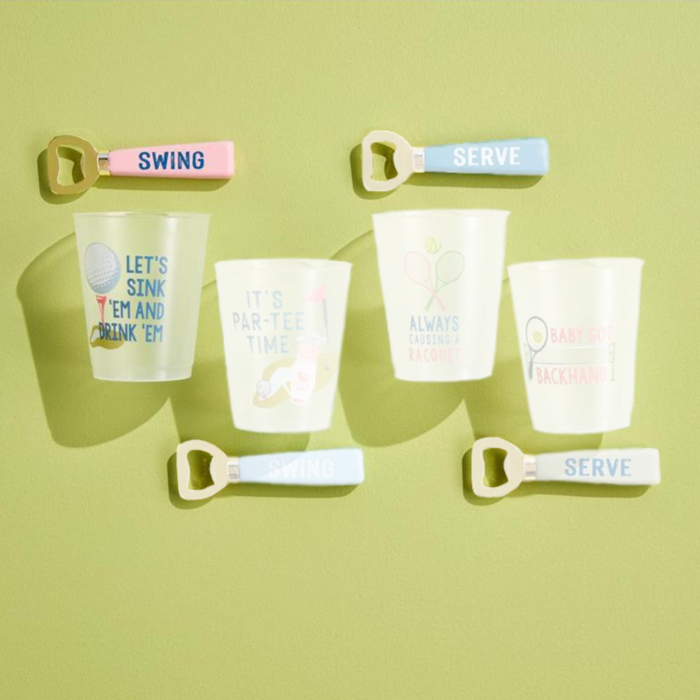 Mud Pie Frosted Plastic Flex Party Cup & Wood-Brass Bottle Opener Sets for Tennis & Golf Parties