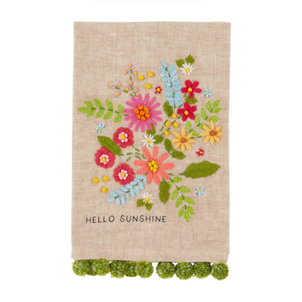 Mud Pie Decorative Bloom Floral Embroidery Pom Design Cotton Hand Towel